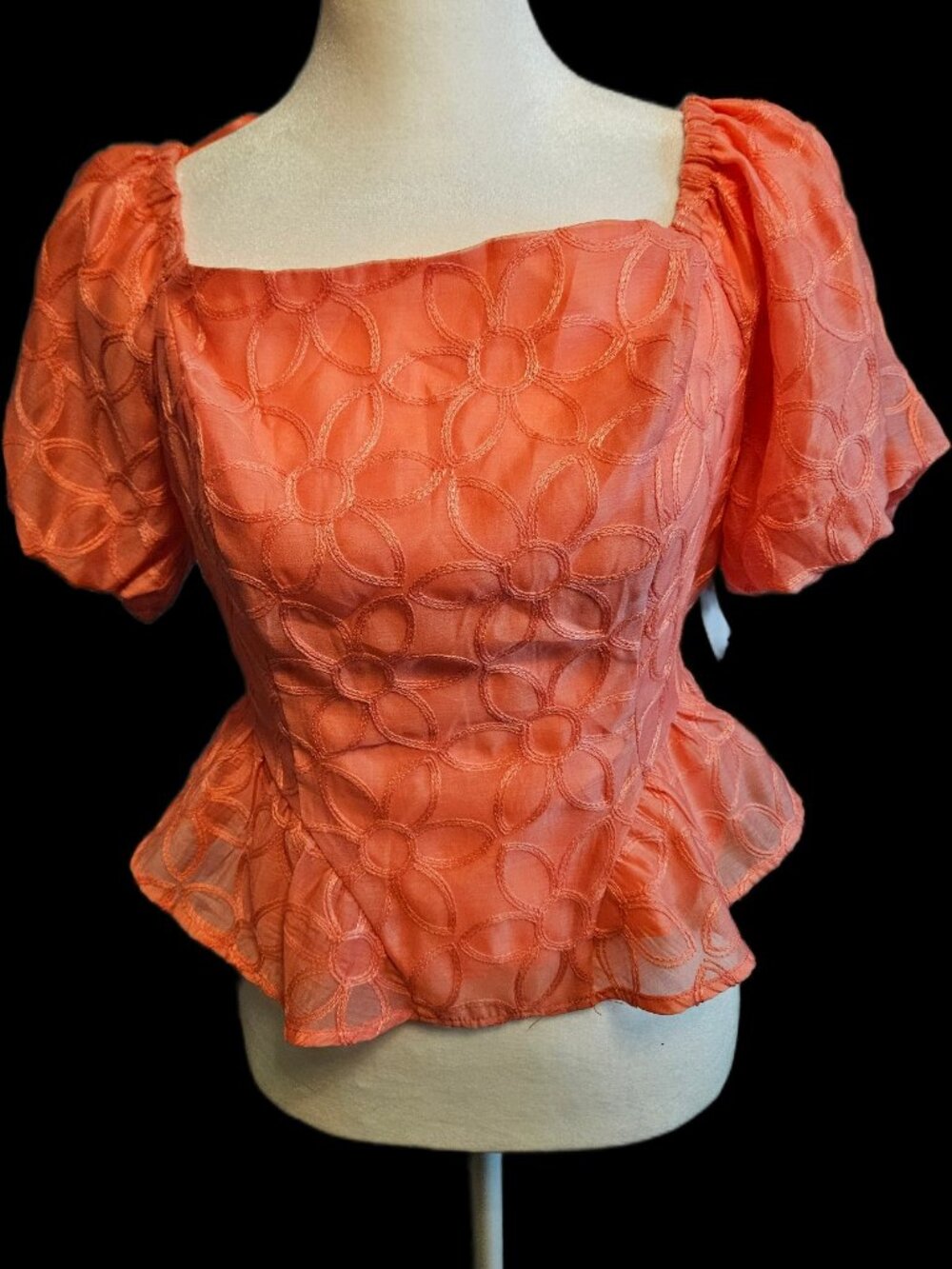 Size S Milk and Honey Coral Embroidered Peplum Top Tie Back NWT